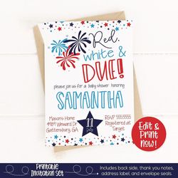 Red White and Due Baby Shower Invitation, 4th of July Baby Shower Invitation, Baby Q Shower Invite, 4th of July BBQ