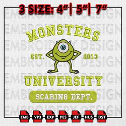 Monster Inc University Est Embroidery files, Halloween Embroidery Designs, Mike Wazowski Machine Embroidery Files