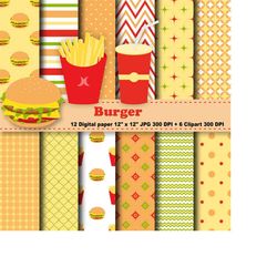 Burger Digital Paper, Burger Clipart, Fast Food, Hamburger, Potato, Cheese, Tomato, Food,  Background, Pattern, Clipart,