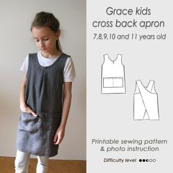 Kids apron PDF 7-11 years old/ PDF Pattern/ Sewing Cross back pinafore PDF/ Japanese/ Tutorial/ Grace kids