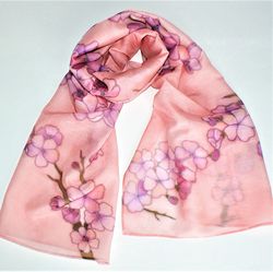 Hand painted cherry blossom silk scarf for women. Hair scarf