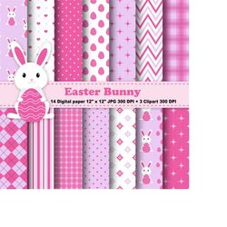 Easter Bunny Digital Paper, Easter Bunny Clipart, Rabbits, Polka Dots, Chevron, Stripes, Pink, Purple,  Pattern, Clipart