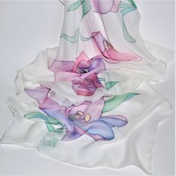 Hand painted silk scarf – White wedding scarf with floral design