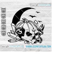 Pumpkin Skull svg | Halloween Shirt png | Creepy Celestial Cutfile | Moonshine Nightmare Stencil | Spooky Graveyard Clip
