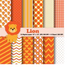 Lion Digital Paper, Lion Clipart, Jungle, Animals, Polka Dots, Chevron, Stripes, Orange, Zoo, Background, Pattern, Clipa