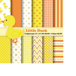 Duck Digital Paper, Duck Clipart, Hearts, Chick, Polka Dots, Chevron, Stripes, Yellow, Orange, Background, Pattern, Clip