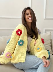 Chunky Flower Cardigan, Lolita Yellow Cardigan, Oversized Cardigan Sweater, Cropped Handknit Sweater, Warm Cute Cardigan