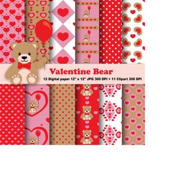 valentine bear digital paper, bear clipart, teddy bear, love, valentine day, heart, digital clipart, red, pink, balloon,