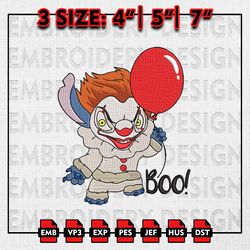 Stitch Pennywise Boo Embroidery files, Halloween Embroidery Designs, IT Machine Embroidery File, Horror Movie