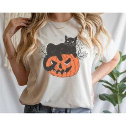 Vintage Halloween Unisex T shirt, Pumpkin Halloween, Pumpkin and Black Cat Tee