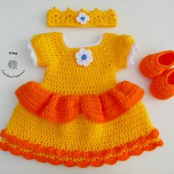 CROCHET PATTERN - Princess Daisy Mario Bros Baby Costume | Princess Dress Crochet Pattern | Sizes Newborn - 12 months