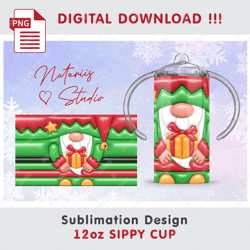 Funny Christmas Elf - 3D Inflated Puffy Bubble Style - Seamless Sublimation Pattern - 12oz SIPPY CUP - Full Wrap