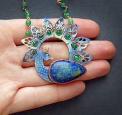 Peacock pendant necklace with agate, bird pendant, titanium jewelry