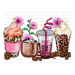 Leopard rose glitter flowers coffee cups png sublimation design, coffee cups png design, floral coffee cups png, sublima