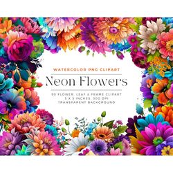 Neon Watercolor Clipart Flowers PNG, Watercolor Floral Clipart Bouquets, Elements, Commercial Use, Digital clipart PNG
