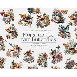 Floral Coffee with Butterfly PNG, Watercolor Floral Coffee Clipart, flower latte Elements, Commercial Use, Digital Clipa