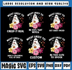 Custom Halloween Most Likely To Svg, Halloween Family Quote Svg, Retro Floral Ghost And Pumpkin, Happy Halloween Png