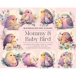 mothers day clipart, mother-baby bird clipart, mommy and baby bird watercolor clipart, elements, commercial use, digital