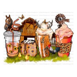 Farm animals coffee cups png sublimation design, western coffee cups png design, farm life png,hors, farming png, sublim