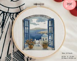 Cross Stitch Pattern,Greek Island View From The Window,Pdf, Instant Download,Greece Cityscape,X Stitch Chart,Santorini
