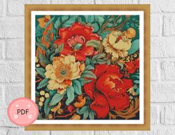 Flowers Cross Stitch Pattern,Bohemian Bouquet With Red Flowers,Instant Download,Full Coverage,William Morris Inspired