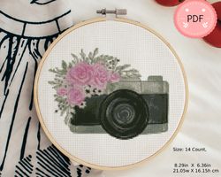 Cross Stitch Pattern,Camera With Pink Rose,Pdf,Instant Download,Floral X Stitch Chart,Watercolor