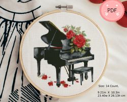 Cross Stitch Pattern,The Piano And Red Roses, Pdf,Instant Download , Watercolor X Stitch Chart,Instrument