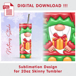 3D Inflated Puffy Christmas Gnome Elf - Seamless Sublimation Pattern - 20oz SKINNY TUMBLER - Full Wrap