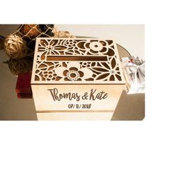 personalized name on the wedding card box with slot flower style with slot engraved on the front side