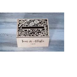 personalized name on the wedding card box in floral style with slot engraved on the front side