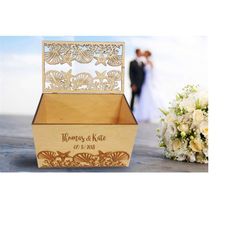 personalized names of bride and groom on wedding card box with slot in tropical style engraved  on the front side. card