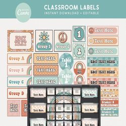 Classroom Labels Editable Templates, Groovy Retro Classroom Organization, Bin Drawer Labels INSTANT DOWNLOAD, Canva