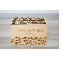 personalized name on the wedding card box with slot and option gold lock engraved branches with hearts on the front side