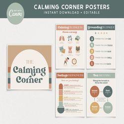 Calming Corner Editable Classroom Printables, Modern Boho Canva Classroom Decor, Calm Down Skills - PDFs Templates