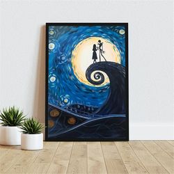 Jack Skellington and Sally Starry Night Poster, Jack And Sally Poster, Nightmare Before Christmas Home Living Decor Wall