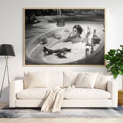 Brigitte Bardot Bathtub Print, Bathroom Poster, Black and White Wall Art, Vintage Print, Photography Prints, Canvas Wall