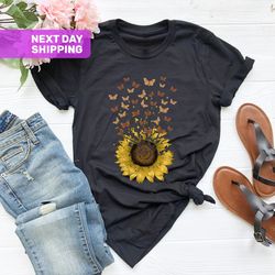 Adorable Butterfly Sunflower T-shirt Gift For Women Girls, S