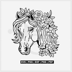 Horse floral svg, horse cut files, horse coloring art svg, horse with flowers, horse tattoo | for prints, sublimation, c
