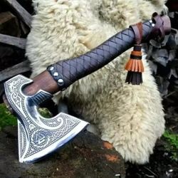 Custom Gift Forged Carbon Steel Viking Axe With Rose Wood Shaft, Viking Axe, Bearded Camping Axe, Best Anniversary Gift