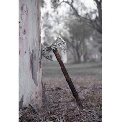 Hand Forged Double Headed Viking Axe with Leather Sheath Cover | Carbon Steel Bearded Axe for Anniversary Gift, Hunting