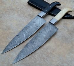 Custom Handmade Damascus Chef Knife kitchen knife fixed blade knife with sheath Lot of 2