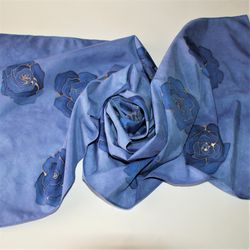 Stylish hand-painted royal blue scarf with roses for women