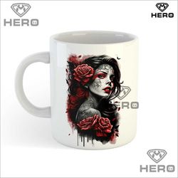 Chicana Rose Mug and Tshirt Sublimation Png, Day of the dead Tattoo sublimation Png, Gift Idea Mom Tee, Biker Mug design