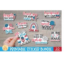 Fourth of July Packaging Stickers, 10 Patriotic Printable PNG Files, Thank You Sticker, Small Business, Print and Cut, C