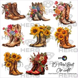 Rustic Cowboy Boots Clipart 10 Transparent Png boot Sublimation Bundle Paper Craft Cowgirl Crafting Bundle Floral Cowgir