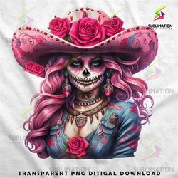sugar skull pink cowgirl day of the dead lady t-shirt pink sugar skull big hat sublimation dtf printing sugar skull desi