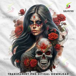 Chicano Pride: Skull-Adorned Woman with Red Roses - Digital Download for Sublimation & DTF Printing - Chicano Art Sublim