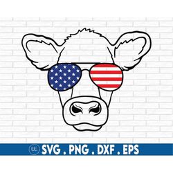 4th of July cow SVG, 4th of July cow png, American flag cow cut files, Cow with american flag sunglasses, Patriotic cow