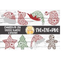 Christmas Zen Doodle Art Bundle - 8 Designs, Christmas Mandala, Santa Hat, Gingerbread Man, Christmas Tree Svg, Svg for