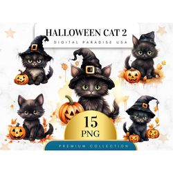 Set of 15, Halloween Cat Clipart, Black Cat Clipart, Cute Cat PNG, Trick or Treat Clipart, Halloween Png, Digital Downlo